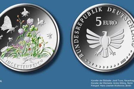 Kolorierte 5-€-Sammlermünzen zeigen das Reich der Insekten