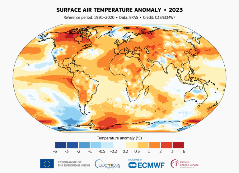 Anomalie der Oberflächenlufttemperatur für das Jahr 2023 im Vergleich zum Durchschnitt des Referenzzeitraums 1991-2020. Datenquelle: ERA5. – Bildnachweis: C3S/ECMWF