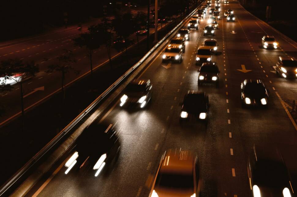 Night city scene, on the road