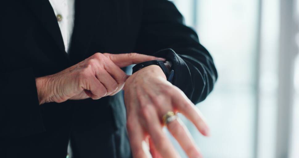 Hands, watch and time management with business person, schedule or calendar for professional reminder. Clock, wristwatch or deadline with employee for appointment, agenda or corporate meeting