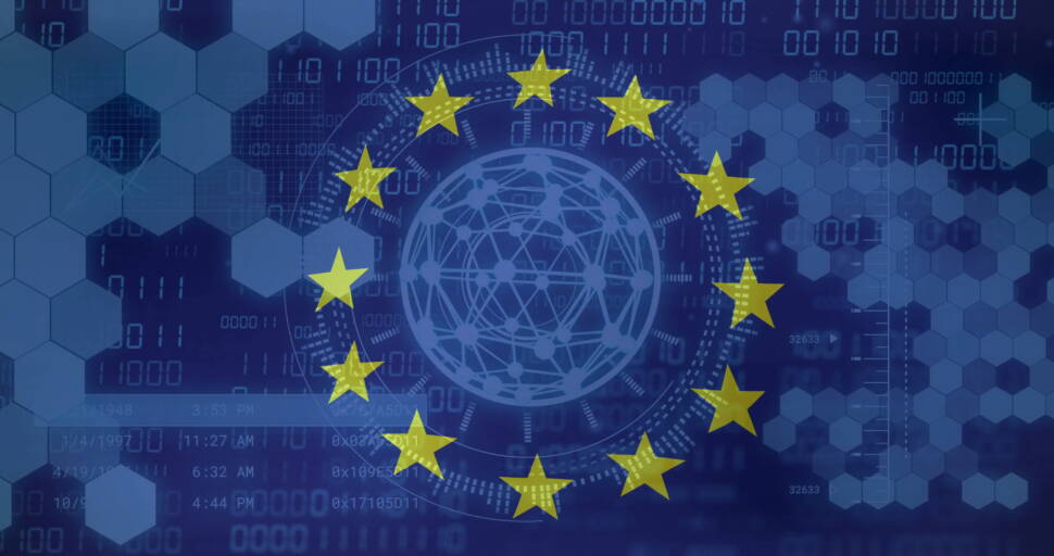 Image of, European Union stars over digital network and binary code background. Technology, data, internet, cybersecurity, information, connectivity