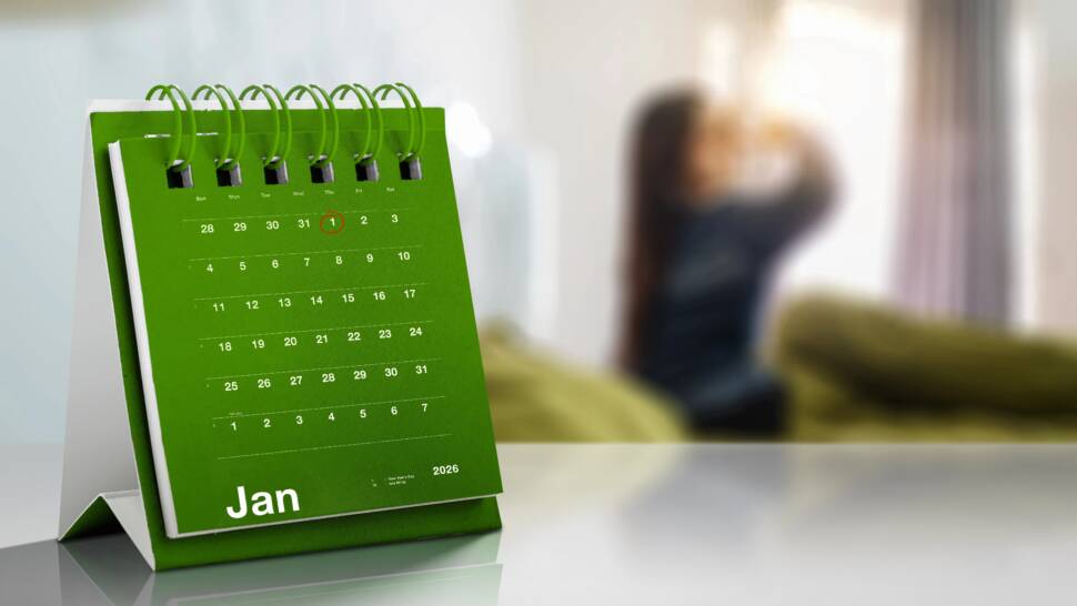 Calendar on the desk showing 1st January 2026 as the new year. Happy New Year concept or Celebration