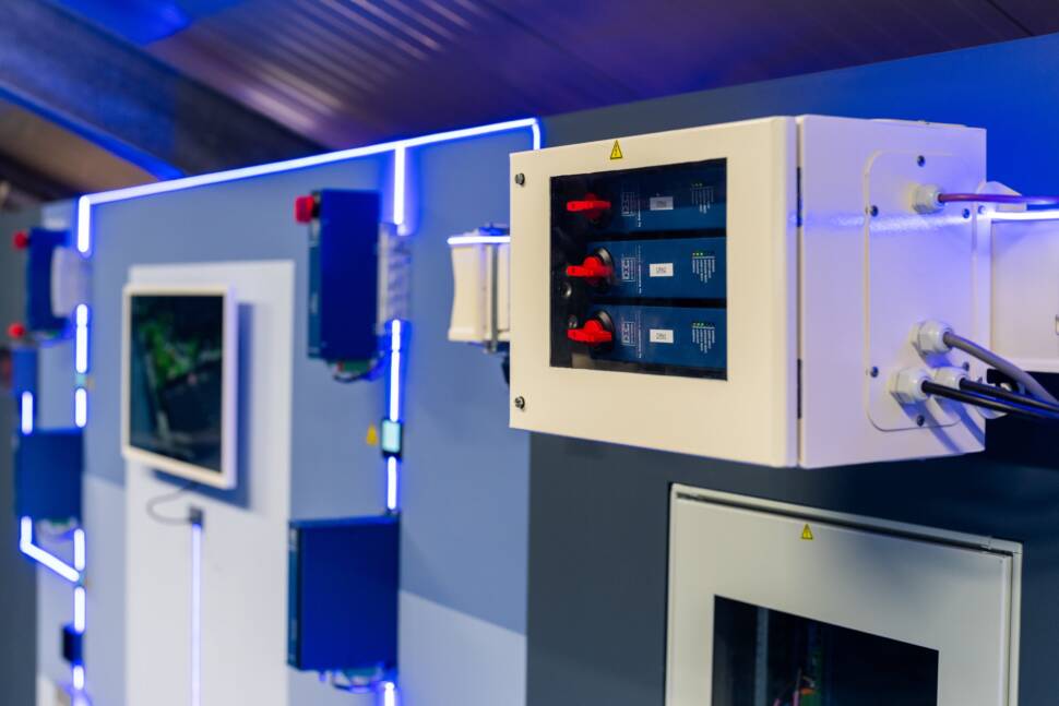 Im DC Experience Center in Aalsmeer/Niederlande sind unterschiedliche Schaltgeräte in einem Gleichstromnetz zu sehen. Die Komponenten hängen an einer blau-grauen Wand.