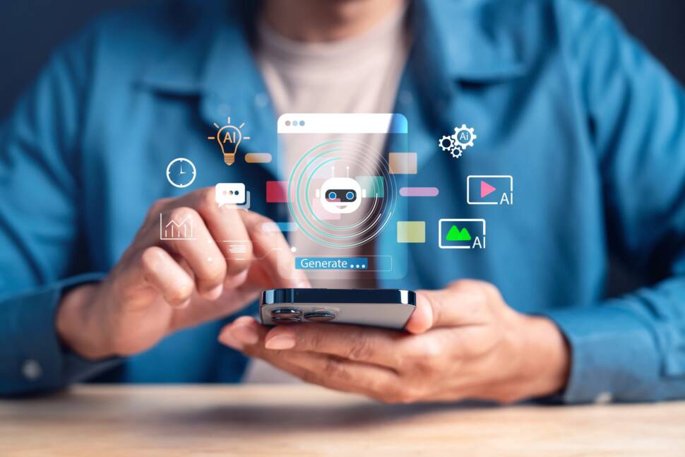 Zwei Hände bedienen ein Samrtphone auf dem KI-Agenten miteinander interagieren.