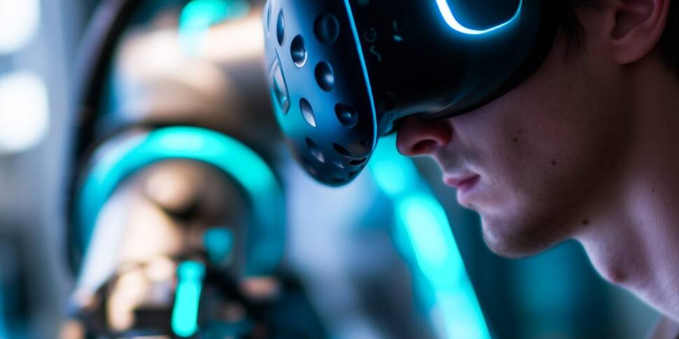 Mensch mit VR-Brille steuert einen Roboter.