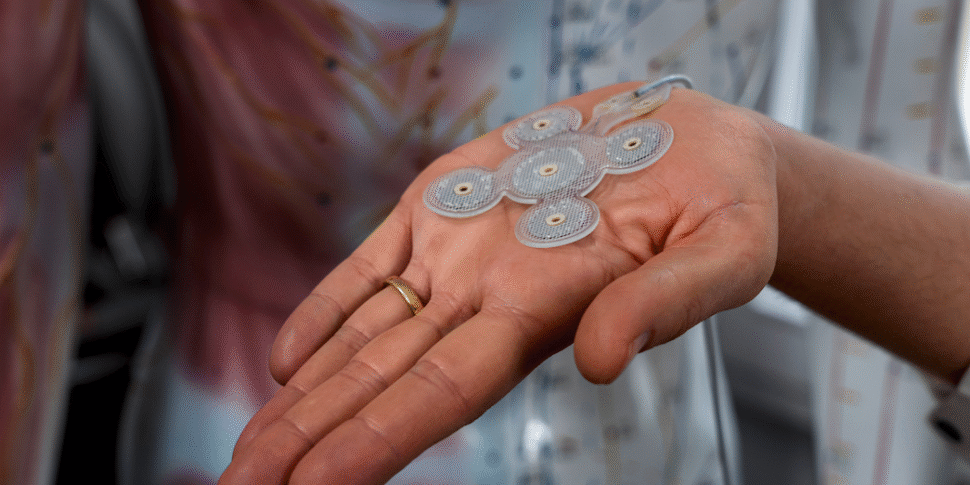 Man sieht eine ausgestreckte Handfläche, auf der ein Silikon-Implantat liegt. Das Implantat ist durchsichtig und besteht aus 5 kleineren Plättchen.