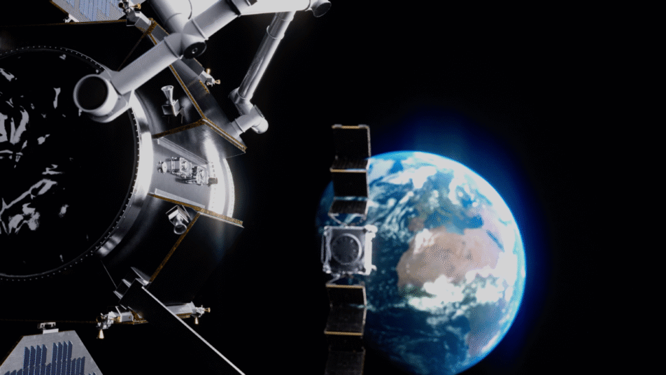 Zwei Satelliten in einer Computerdarstellung kurz vor dem Docken.