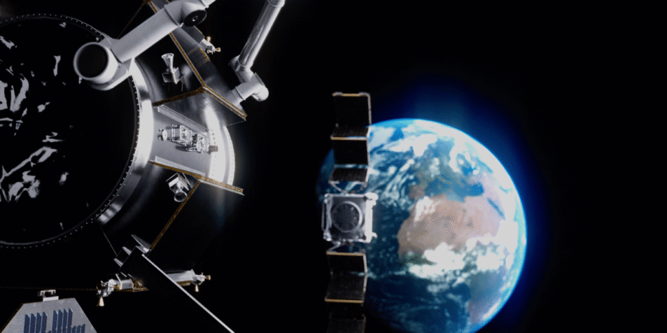Zwei Satelliten in einer Computerdarstellung kurz vor dem Docken.