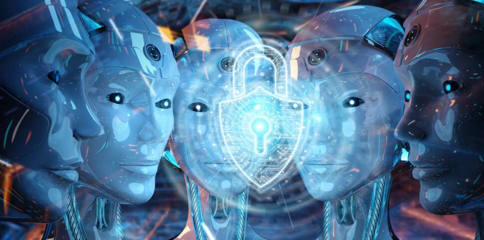Künstliche, roboterähnliche Gestalten um schauen auf ein Sicherheitscloss