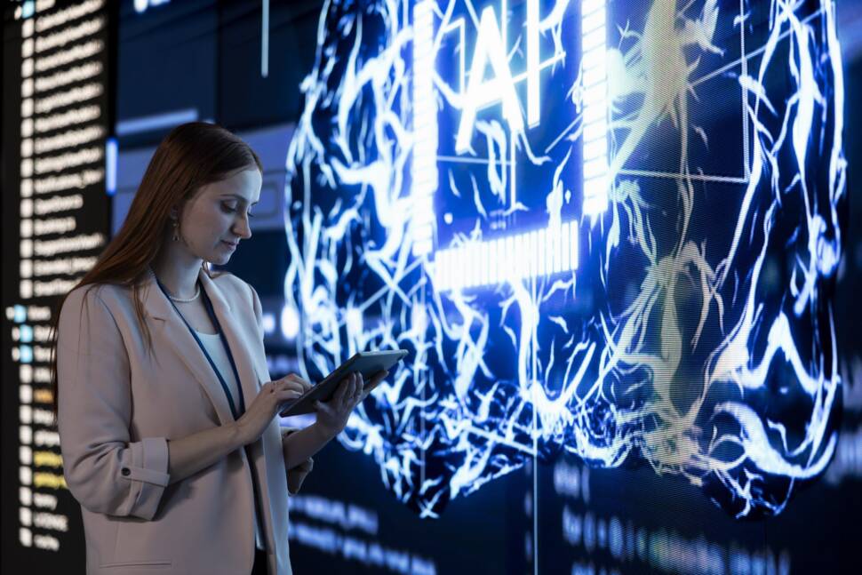 Frau vor Digitalwand mit Tablet