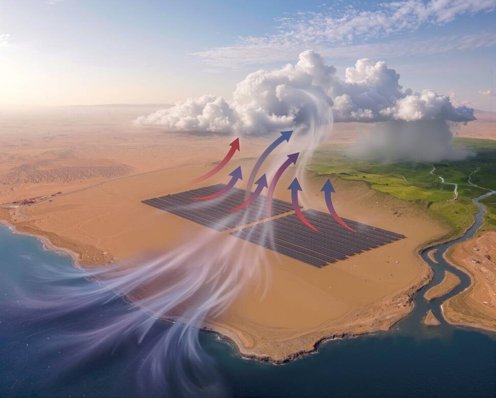 Grafik zeigt Wasserdampf, der vom Meere über die Wüste zieht und dort über Solarfeldern Wolken bildet, die abregnen