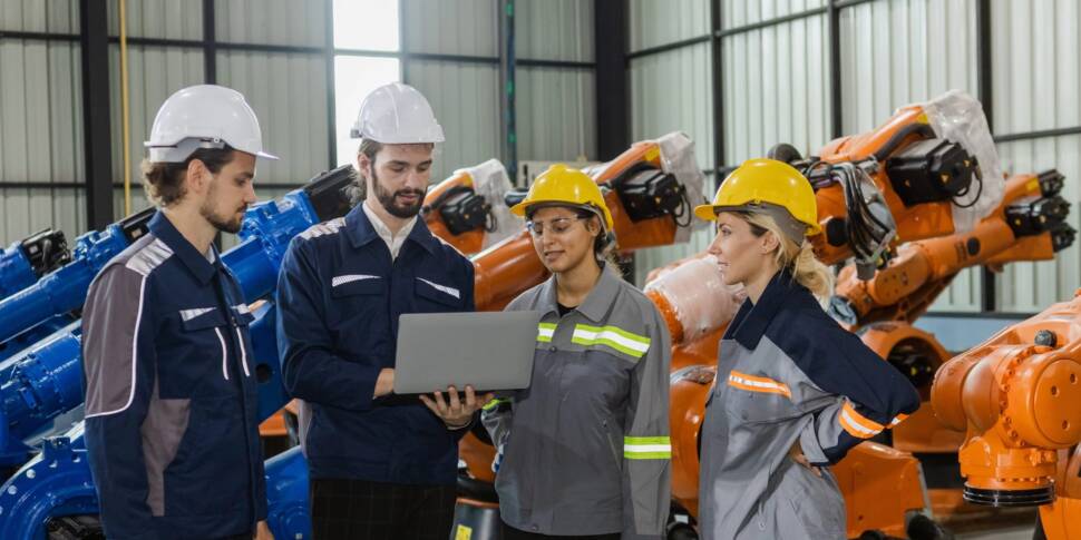Ingenieure arbeiten in einer Fabrik an der Montage von Robotern.